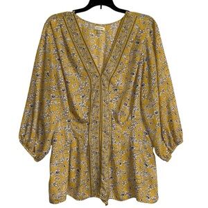 Max Studio Blouse Women M Boho Yellow Floral Peplum Tie Smocked Waist Vneck